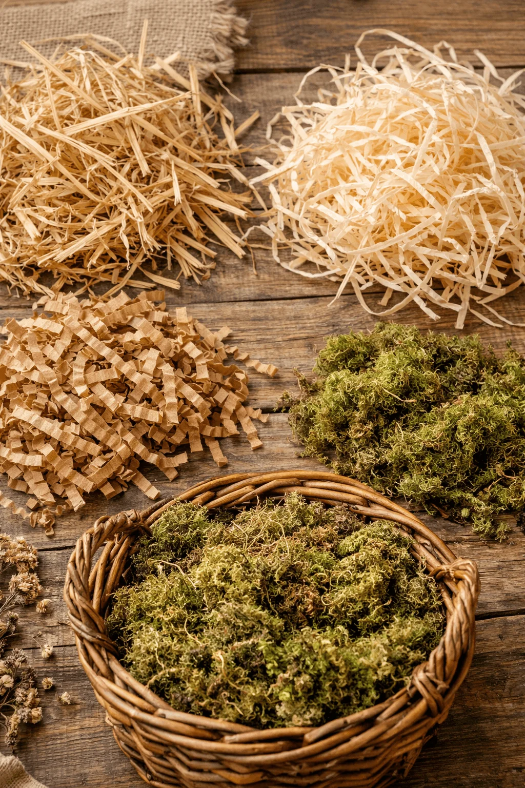 Assorted natural gift basket fillers including straw wood shavings shredded kraft paper and moss arranged on a rustic wooden table with a small wicker basket filled with moss