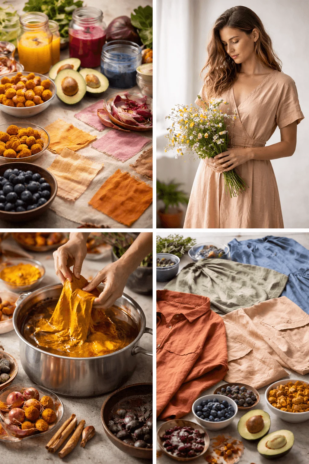 Collage showing natural fabric dyeing using plant-based ingredients like berries, turmeric, avocado, and onion skins, fabric being dyed in a pot, and finished garments in soft earthy tones worn and displayed, illustrating sustainable natural dye fashion.