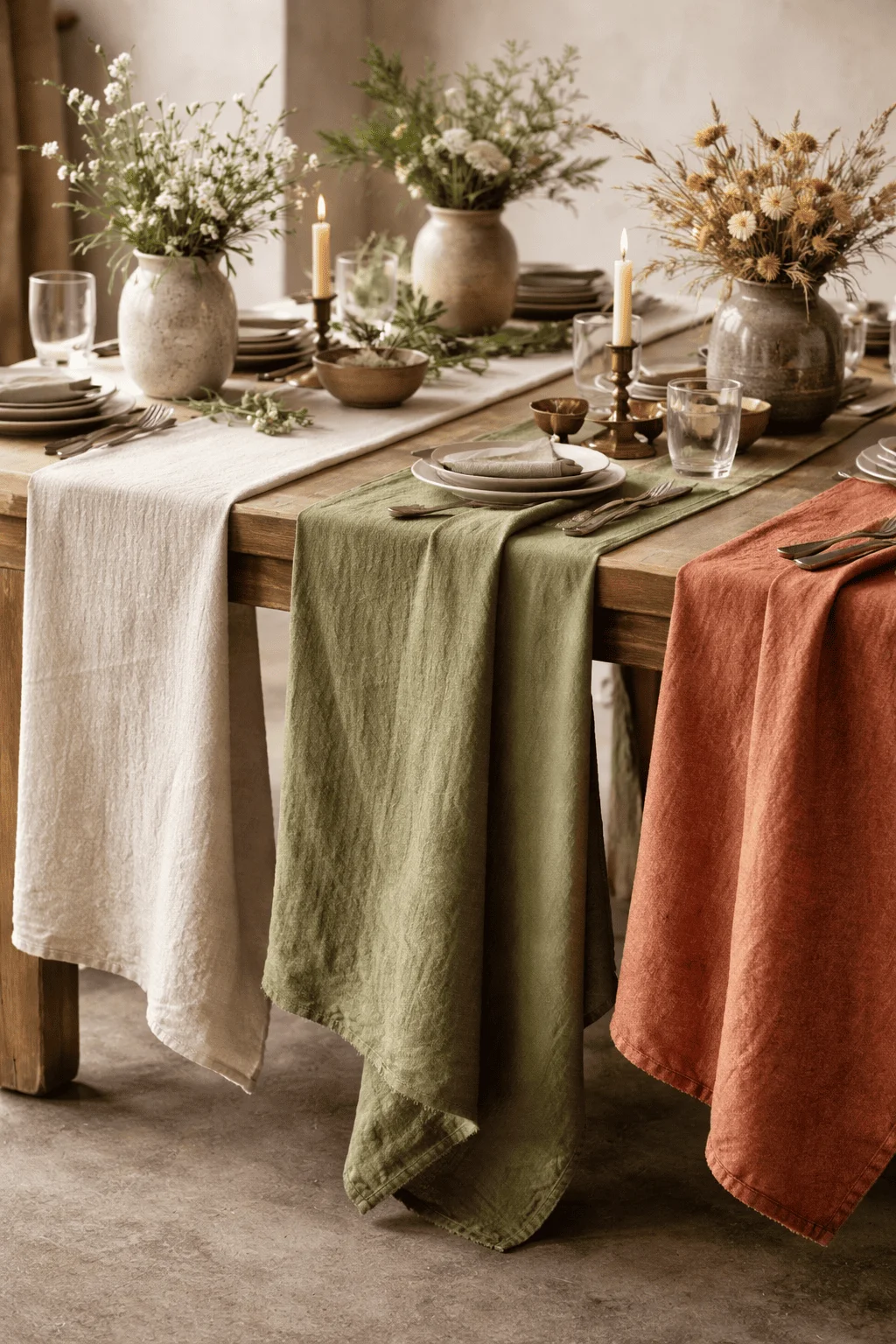 Rustic wooden dining table styled with natural fabric table runners in cream olive green and terracotta tones ceramic vases with fresh and dried flowers lit candles stacked plates glassware and wooden serving bowls in a warm minimalist setting