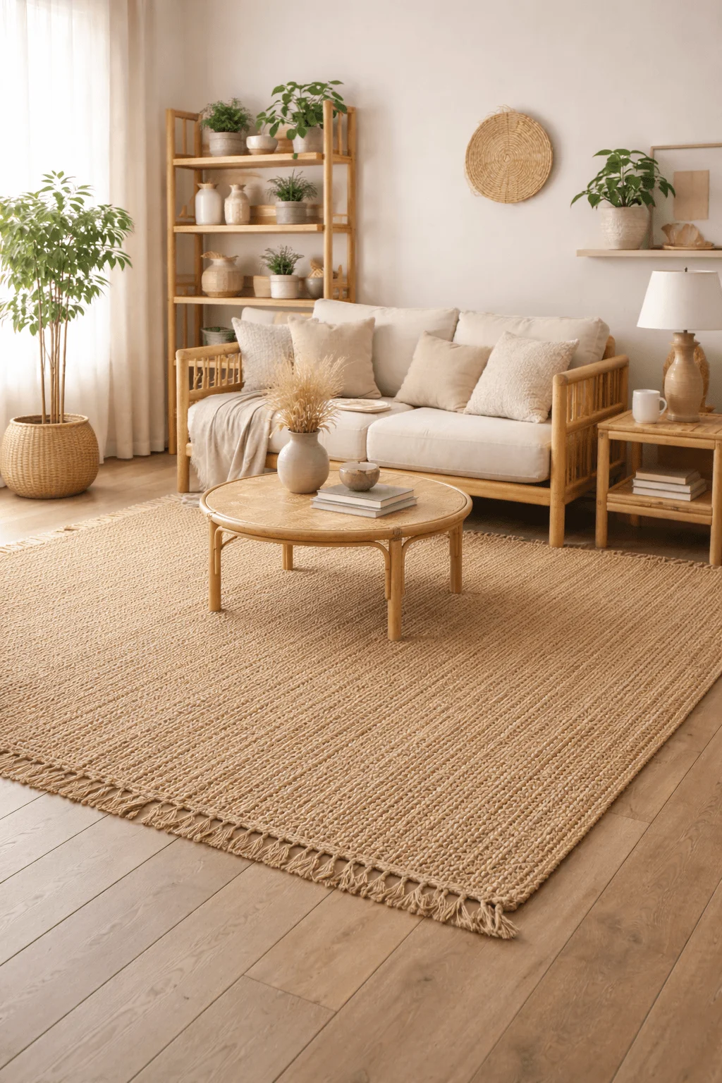 Bright eco-friendly living room with bamboo sofa natural fiber rug indoor plants and minimalist wooden decor creating a calm sustainable and airy space.
