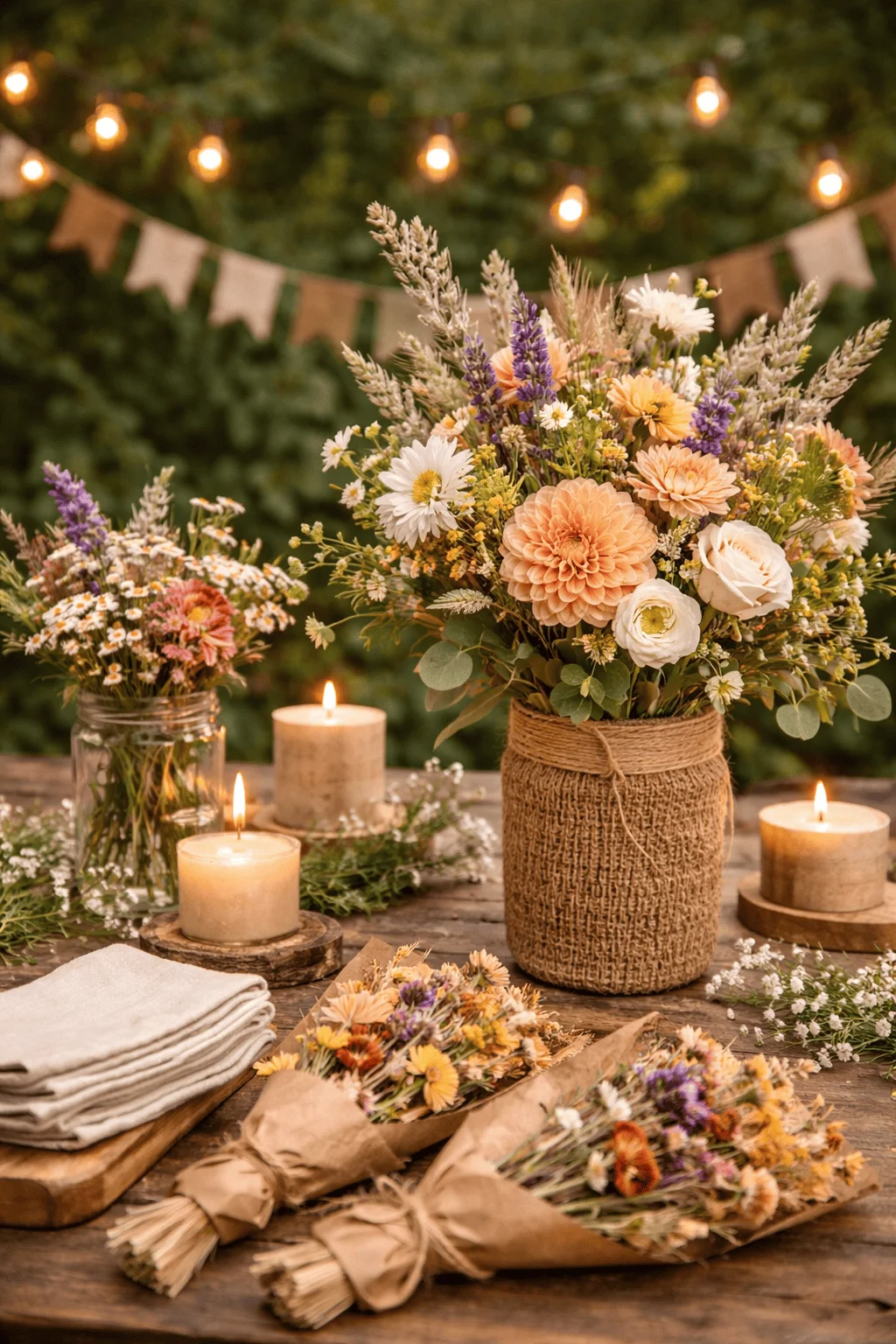 Rustic outdoor table decorated with mason jars filled with wildflowers a large bouquet wrapped in burlap lit pillar candles folded linen napkins and small hand tied flower bundles under warm string lights with greenery in the background