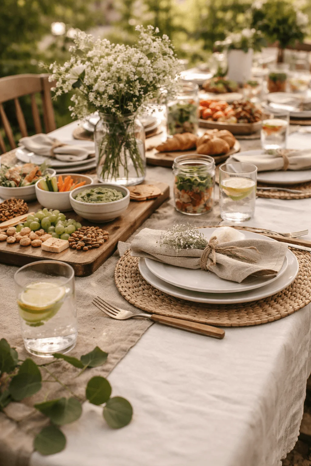 Outdoor table styled with natural linen tablecloth woven placemats glass jars of flowers fresh bread fruits vegetables nuts and simple place settings in a warm garden setting