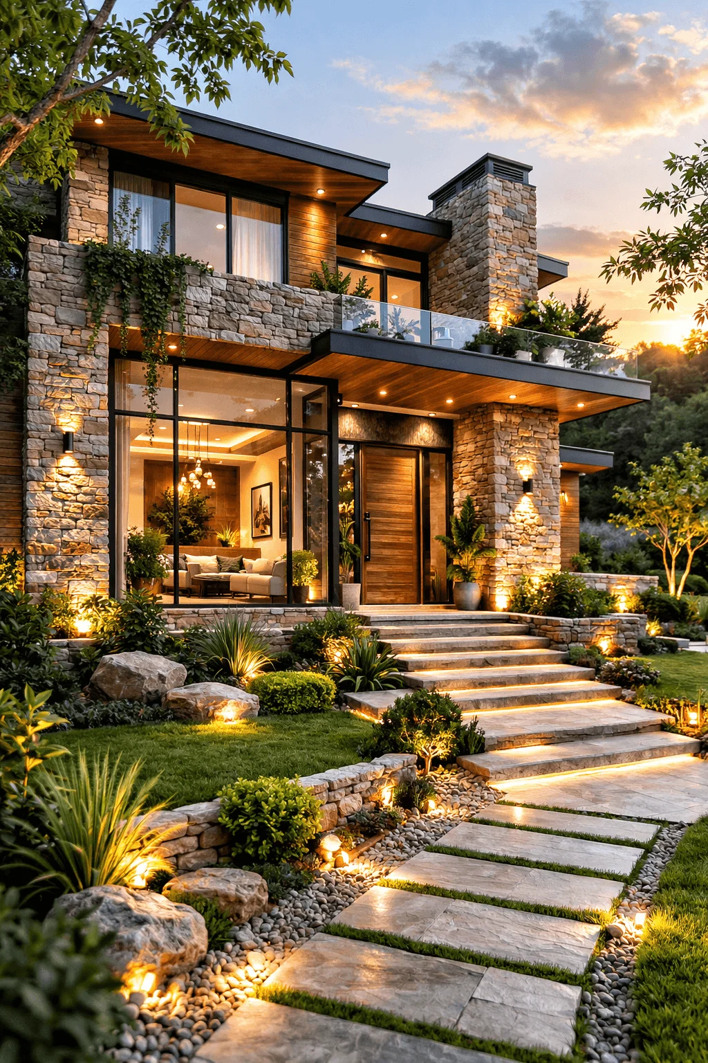 Modern eco-friendly house exterior featuring natural stone facades that provide durability and thermal mass for improved energy efficiency. The design includes large floor-to-ceiling windows for natural light, warm wood accents, and layered landscaping with native plants, stone pathways, and subtle outdoor lighting that enhances the architecture while maintaining harmony with the surrounding natural environment.