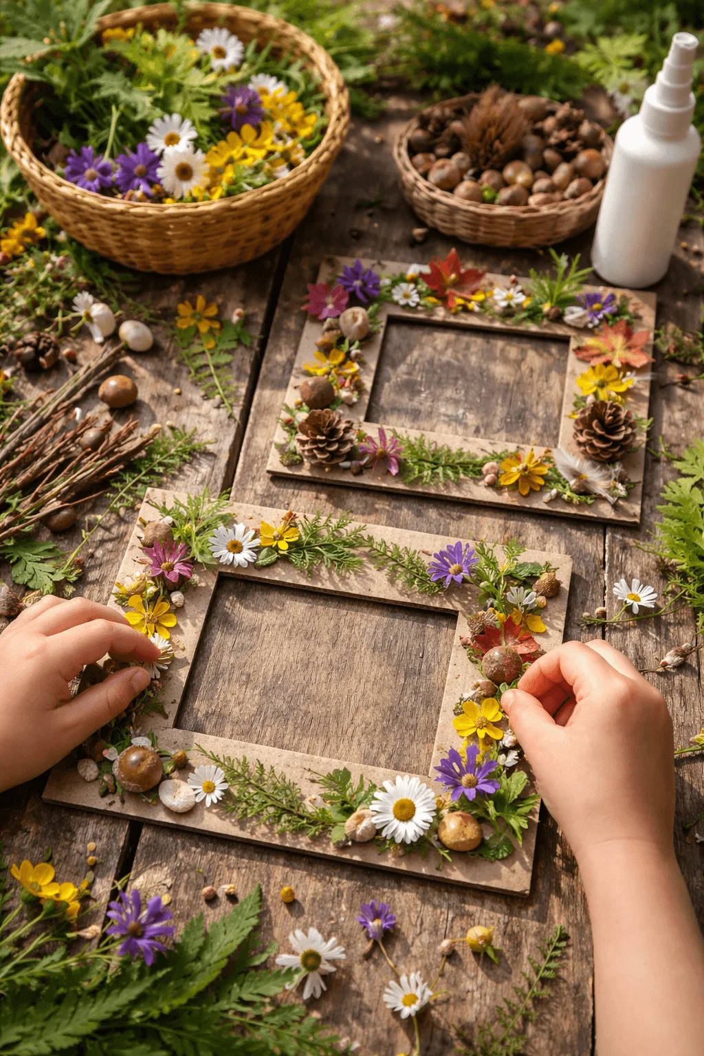 Children creating nature collage photo frames by decorating cardboard frames with flowers leaves pinecones acorns and small natural elements on a wooden table during a creative outdoor craft activity.