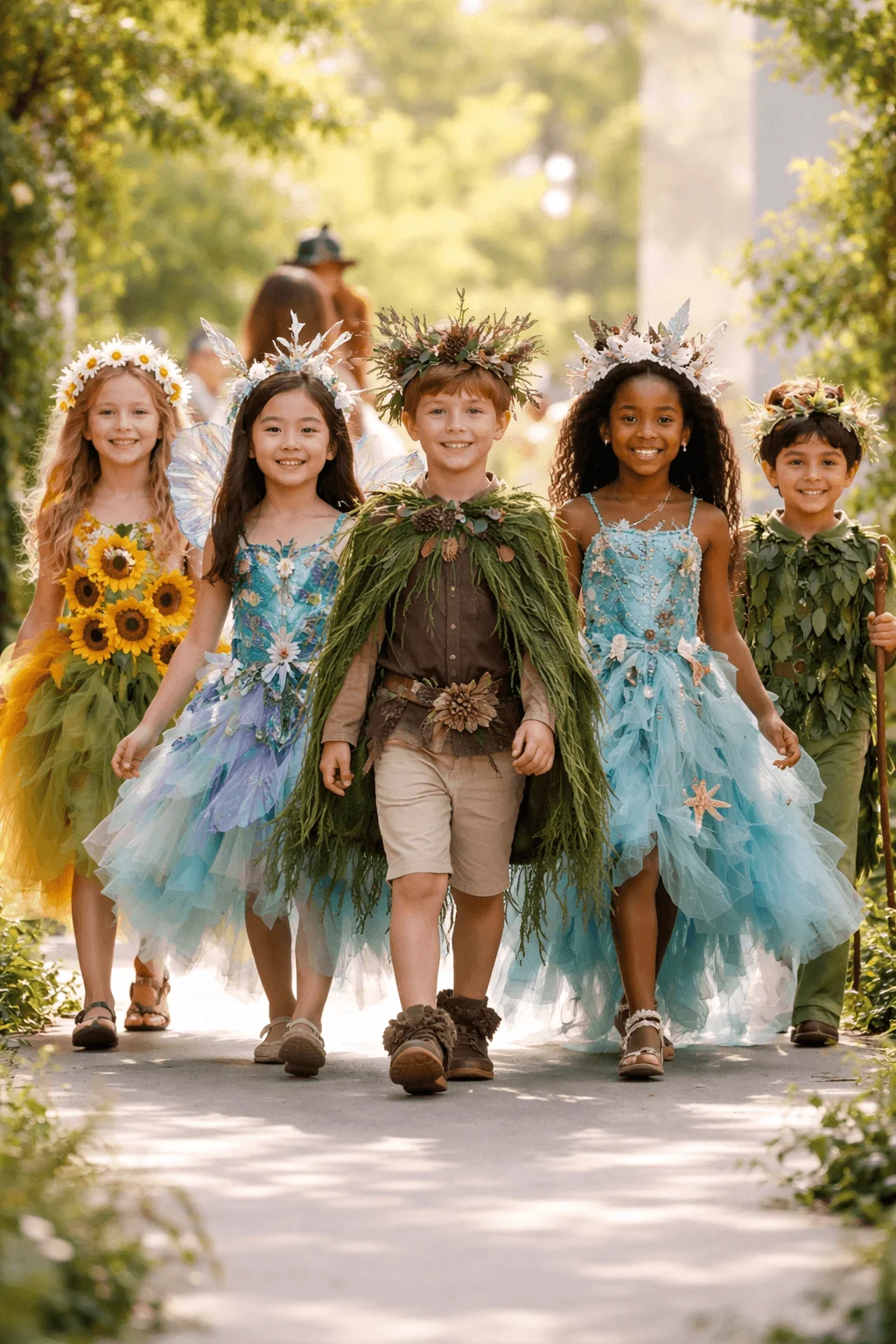 Five children walking together outdoors wearing nature inspired costumes decorated with leaves flowers grass and natural materials including floral crowns and flowing dresses in a garden setting.