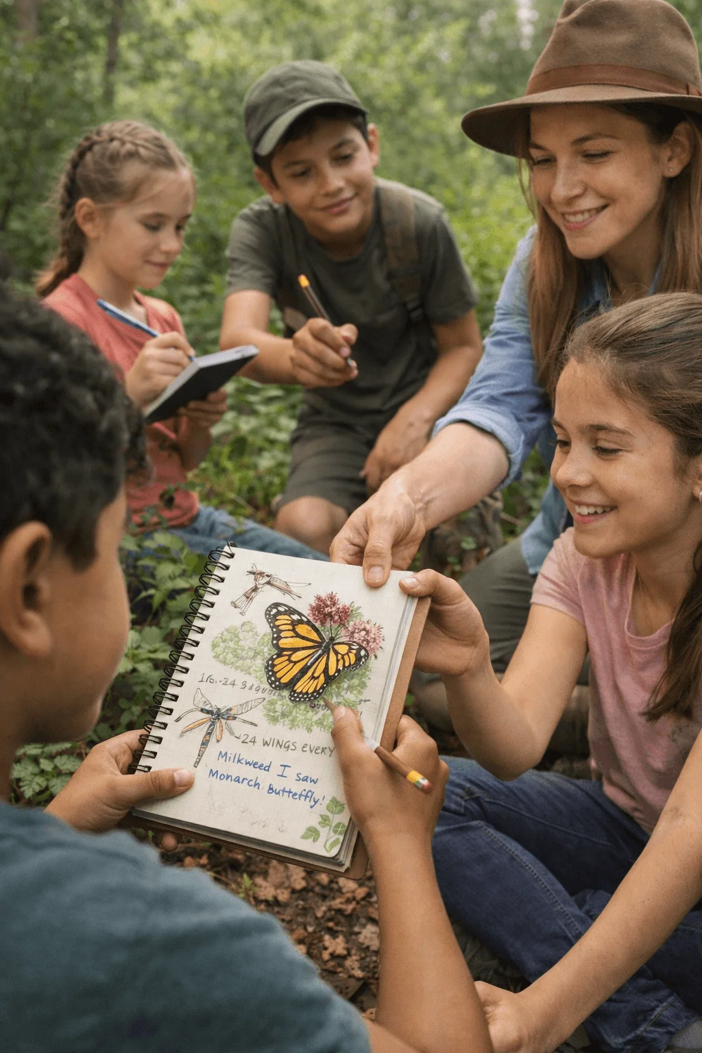 Children and a guide observing and sketching a butterfly during a nature journaling activity outdoors.