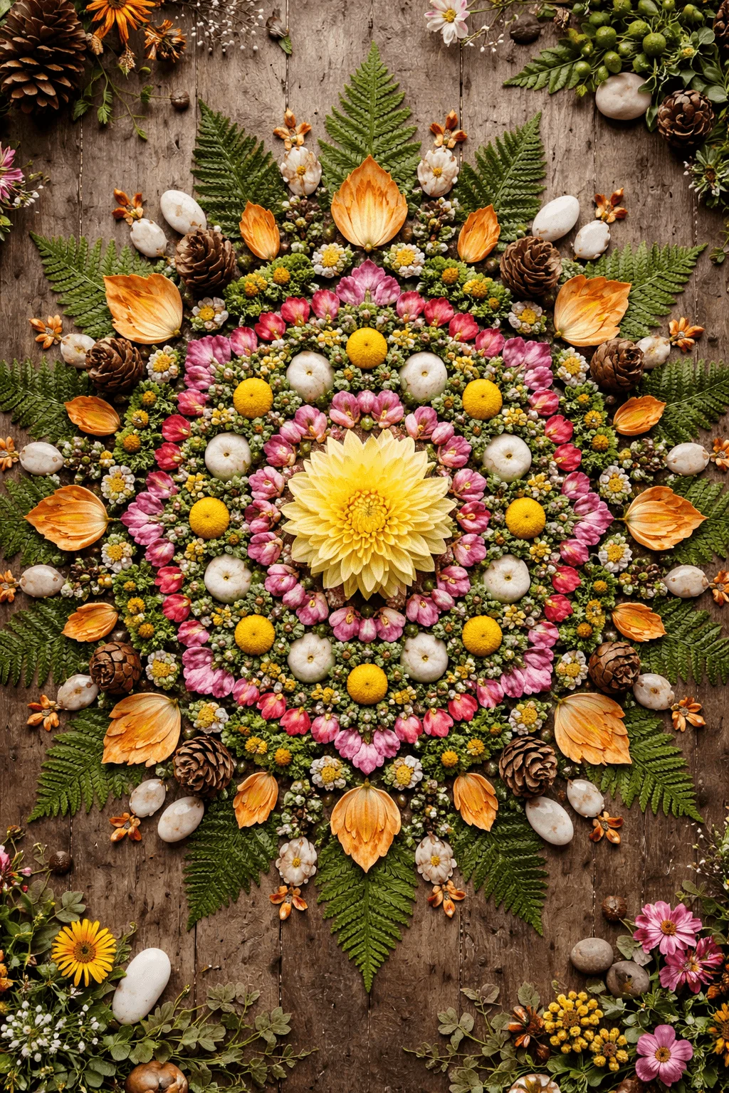 Intricate nature mandala made from flowers, leaves, pinecones, and stones arranged symmetrically on a wooden surface.