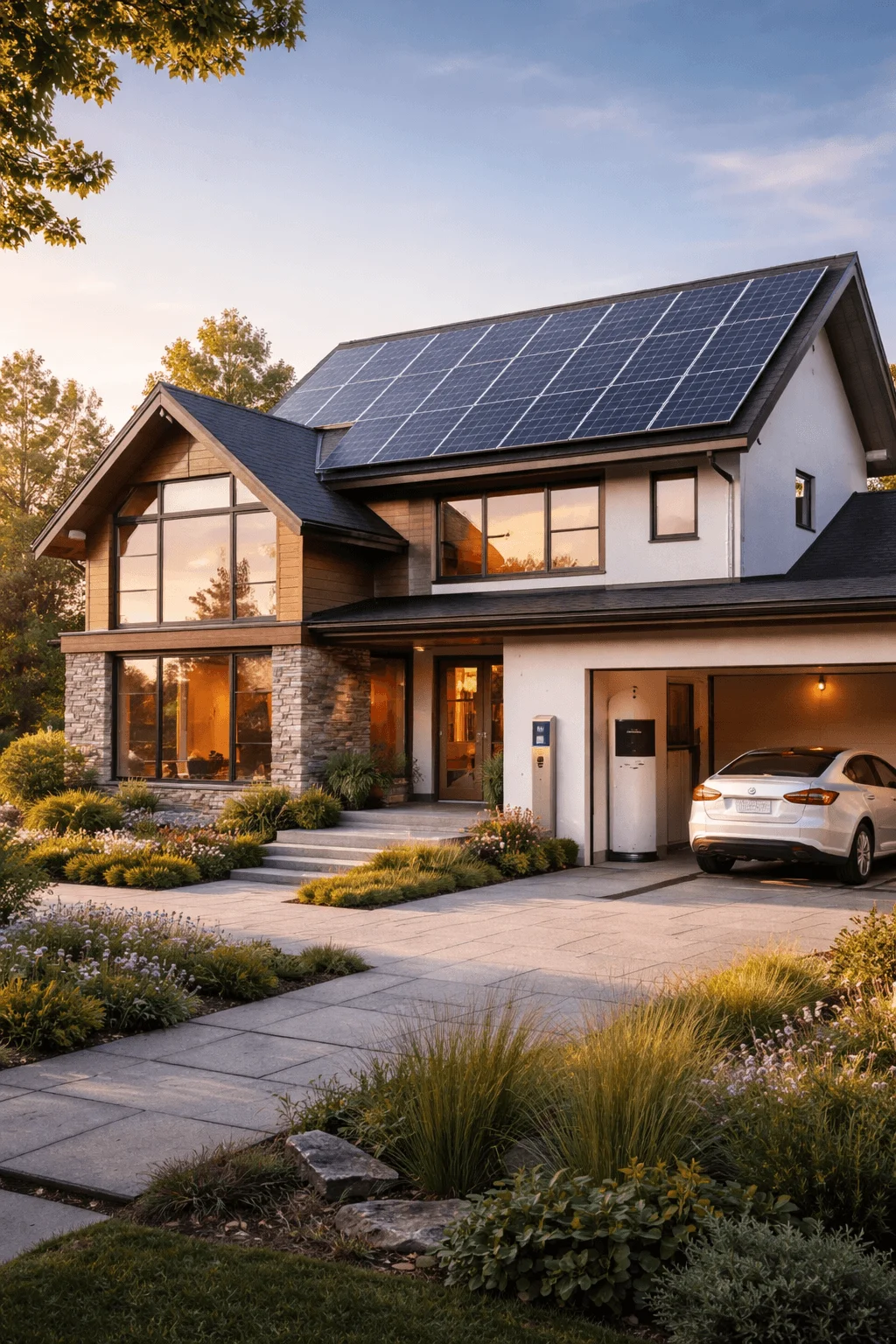 Net-zero energy home with rooftop solar panels, electric vehicle charger, and energy-efficient modern design.