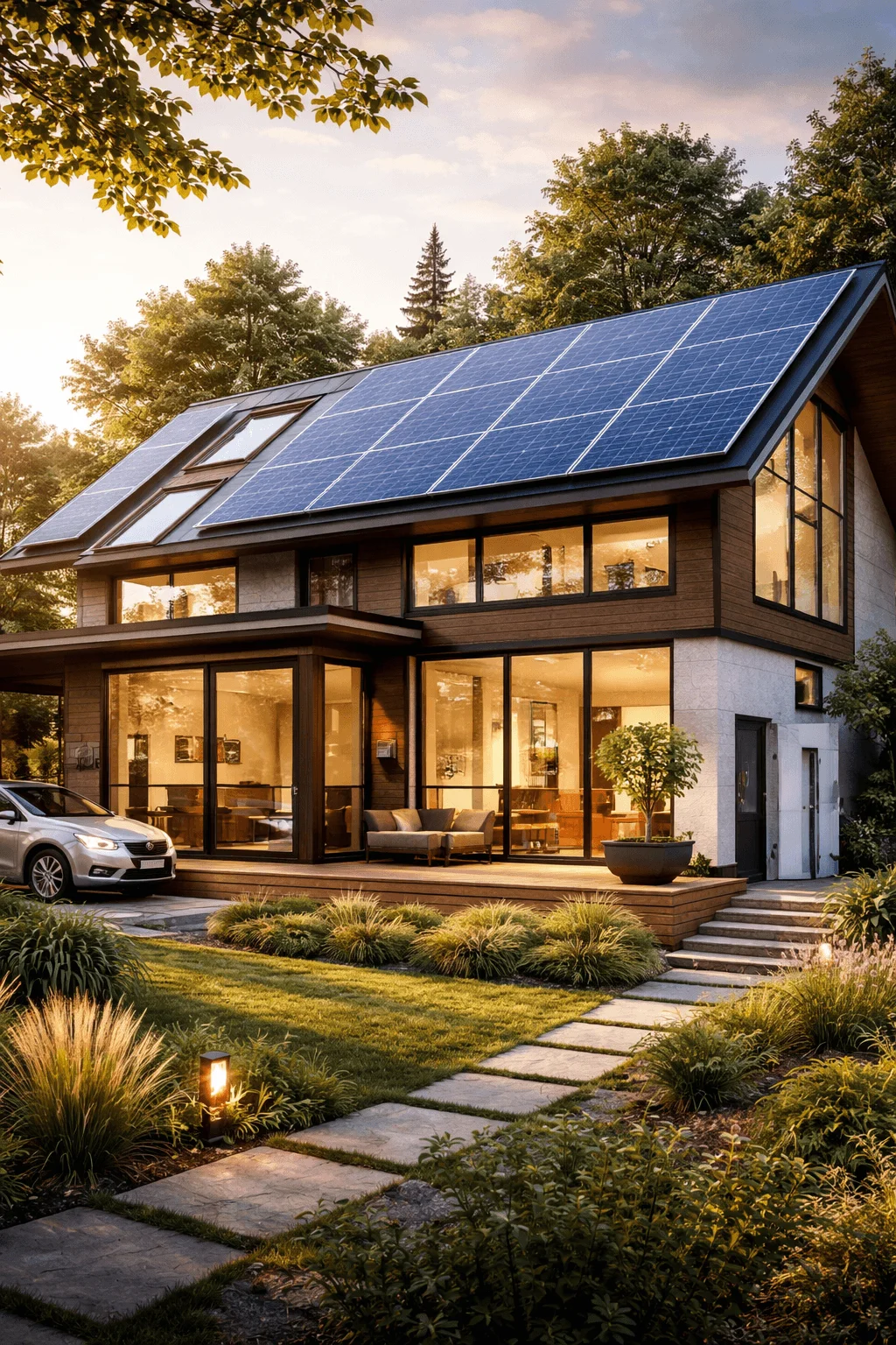 Modern net zero energy house with rooftop solar panels, large energy-efficient windows, and sustainable landscaping designed for renewable power and reduced environmental impact.