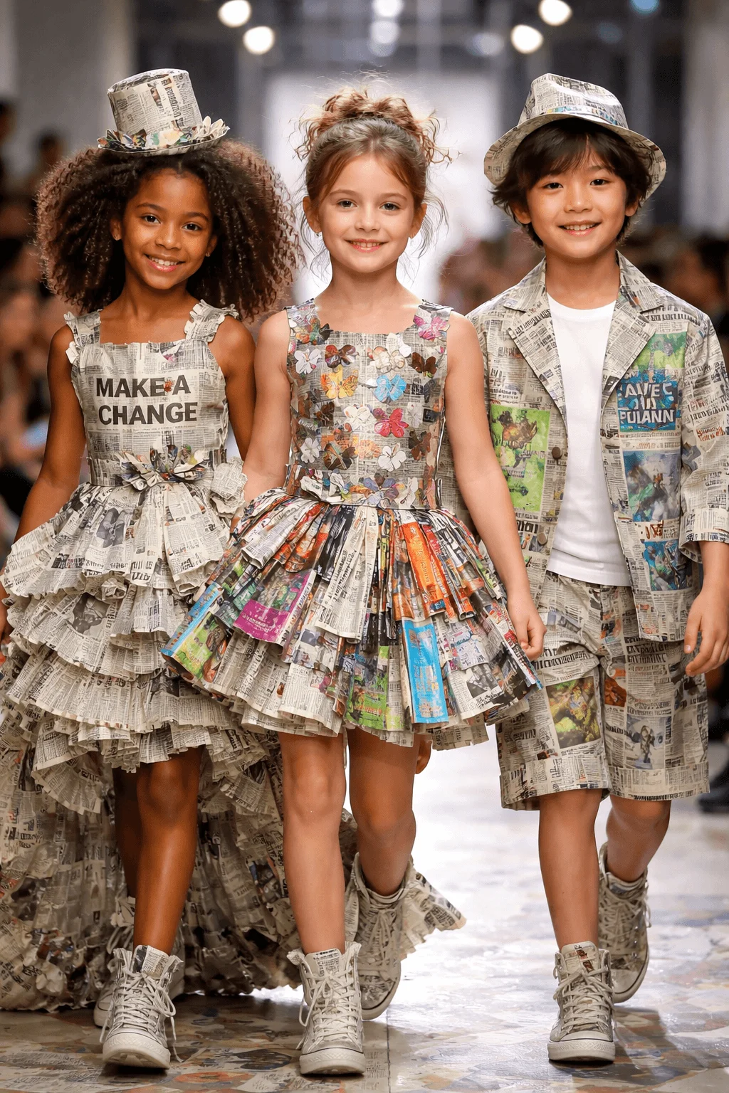 Three children walking on a fashion runway wearing creative outfits made from recycled newspapers and magazines including dresses and a suit with matching hats promoting eco friendly fashion and recycling awareness.