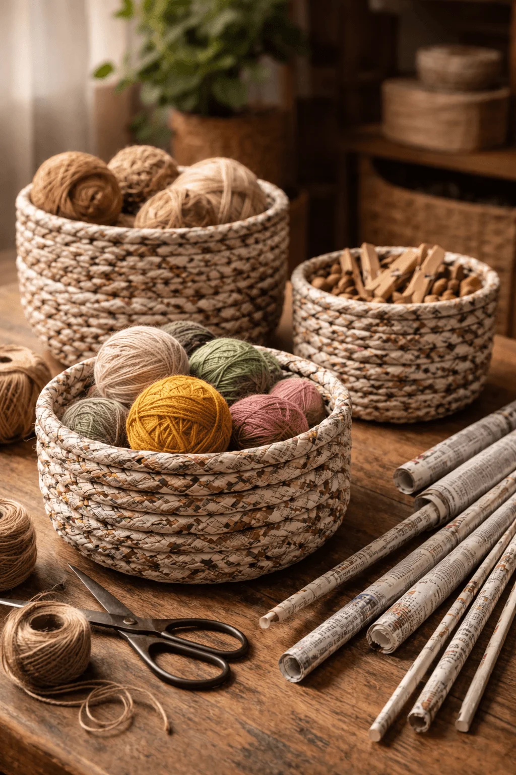 Handmade baskets woven from rolled newspaper tubes used to store yarn and small items with crafting tools on a wooden surface