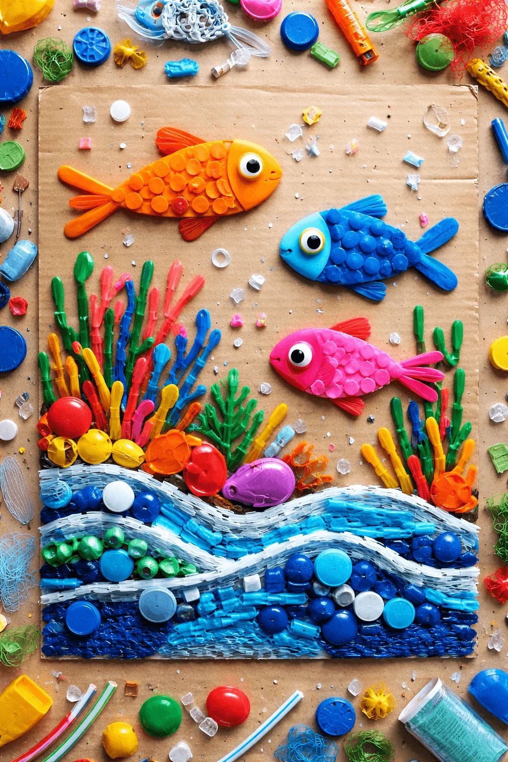 Colorful ocean themed collage artwork made from recycled plastic waste including bottle caps straws and small plastic pieces arranged into fish coral and waves on cardboard as an eco friendly kids craft project.