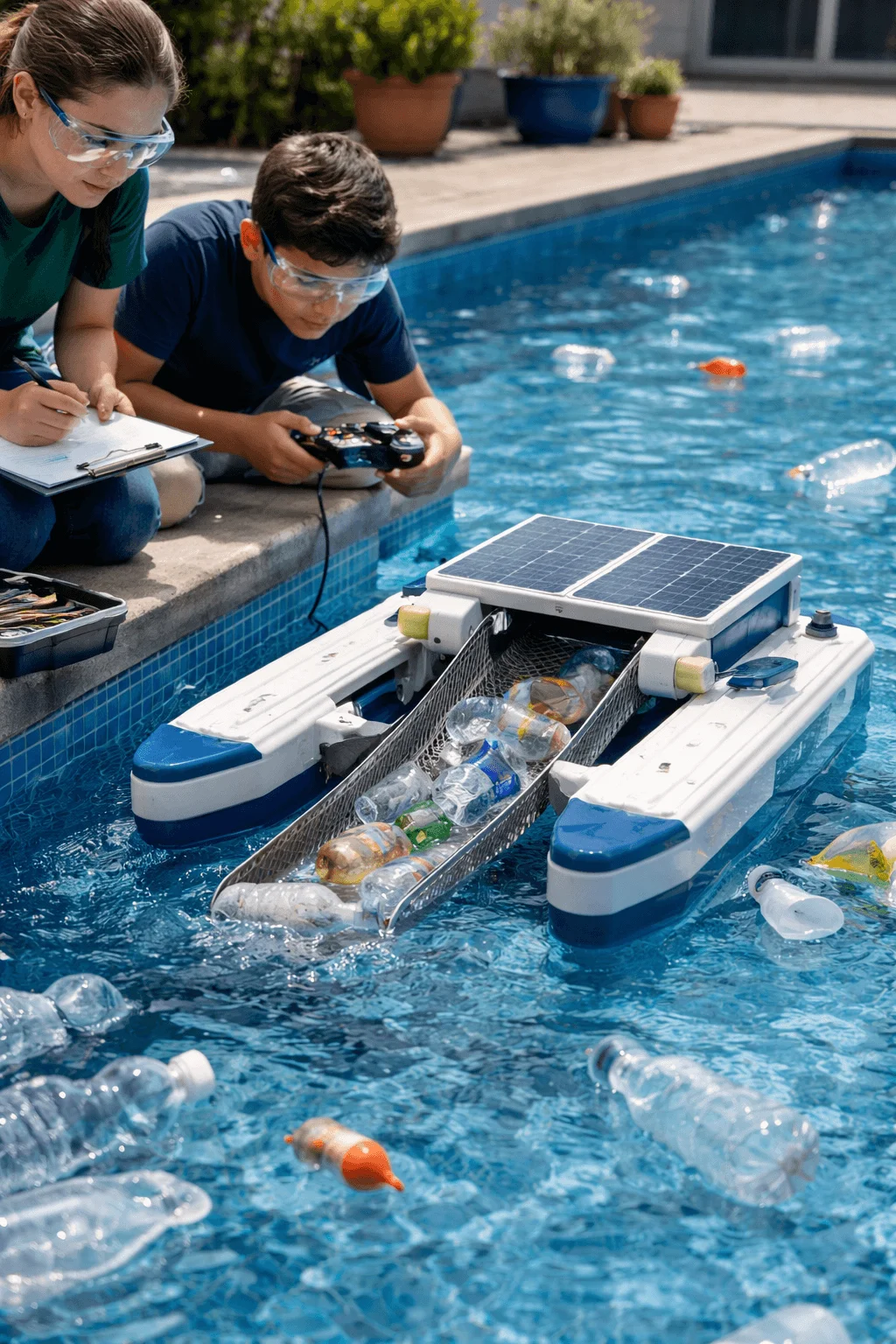 Two students wearing safety goggles test a prototype water-cleaning robot in a pool. The floating device, powered by solar panels, collects floating plastic bottles and debris into a mesh conveyor basket. One student controls the robot with a handheld controller while the other records observations on a clipboard, demonstrating a small-scale ocean plastic collection device prototype designed to remove plastic waste from water.