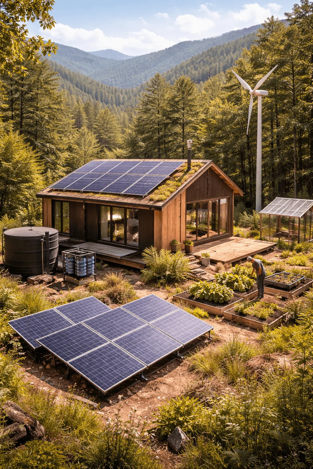 Off-grid eco home with solar panels, wind turbine, rainwater tank, and vegetable garden in a forested mountain setting.