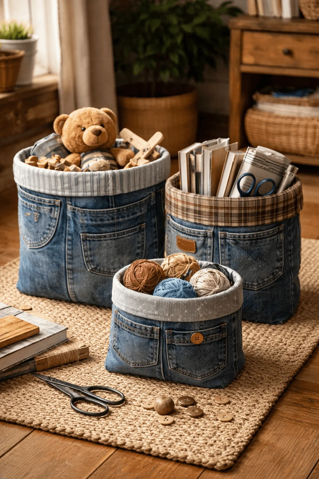 Upcycled denim storage baskets made from old jeans used to organize toys books and yarn on a cozy indoor floor