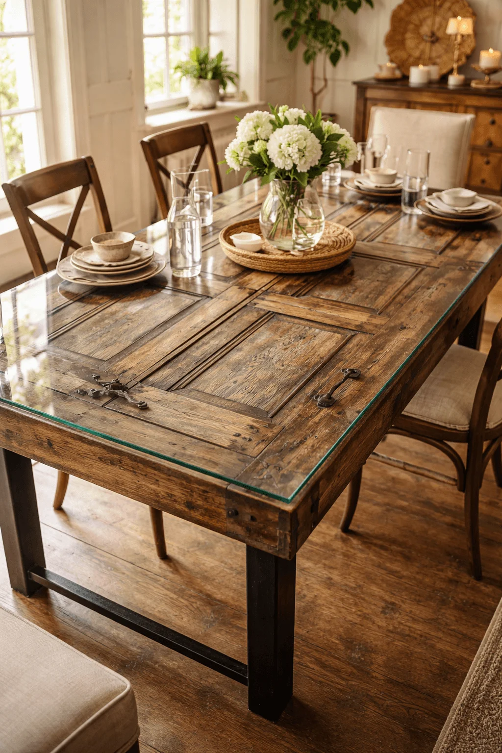 Upcycled old wooden door transformed into a rustic dining table with a glass top, set in a cozy farmhouse-style dining room.