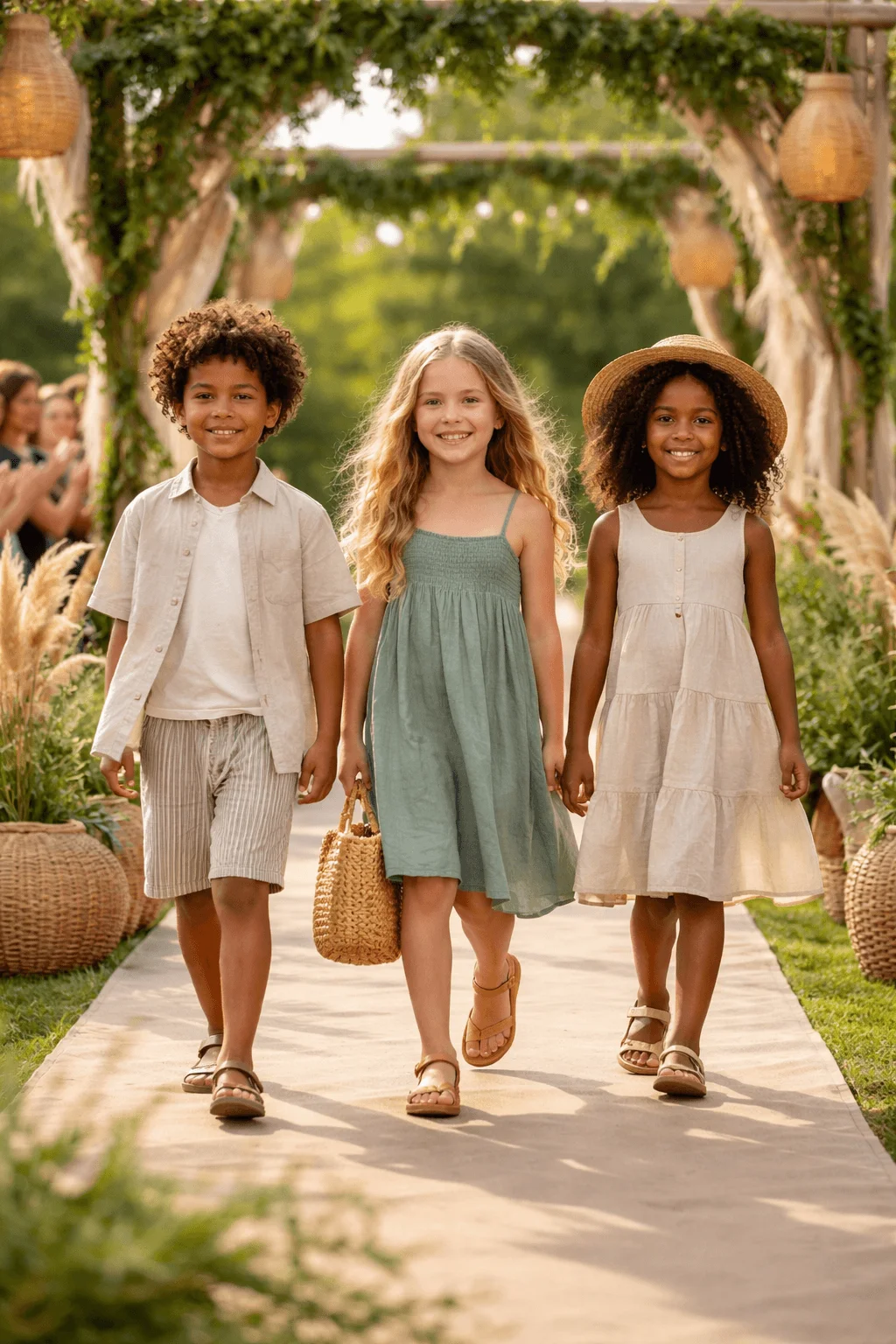 Three children walking on an outdoor runway wearing simple natural style outfits made from organic fabrics surrounded by greenery woven decorations and warm lights during a sustainable fashion show.