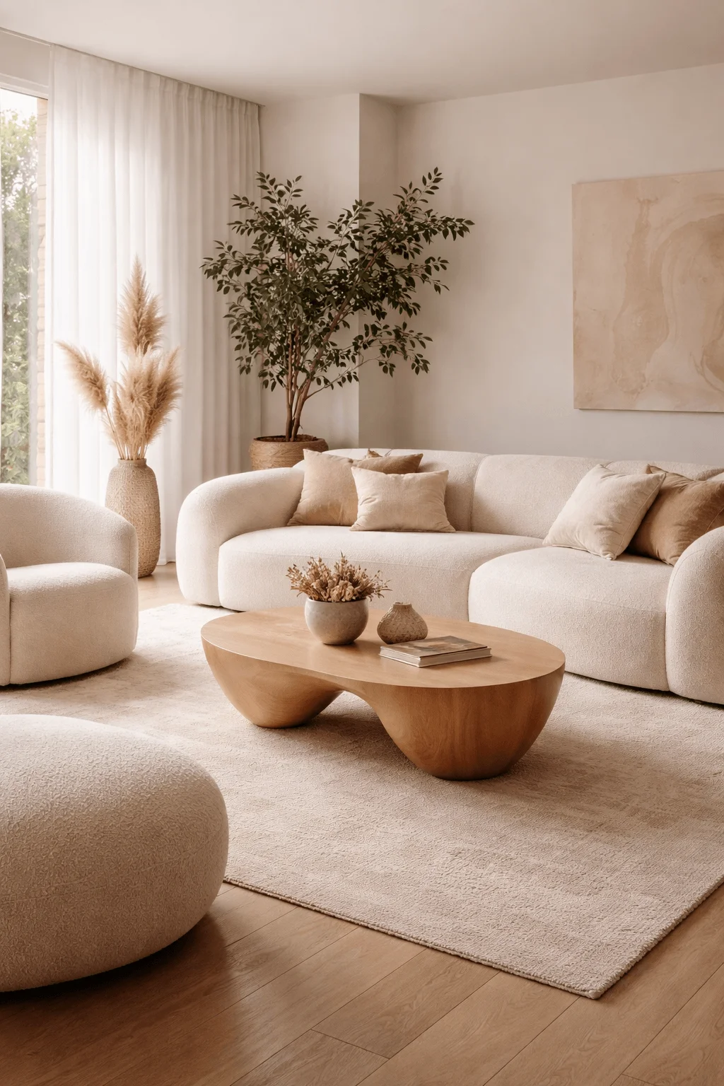 Modern living room with organic curved furniture neutral tones soft textured sofa sculptural wooden coffee table indoor plant and bright natural light creating a calm minimalist space.