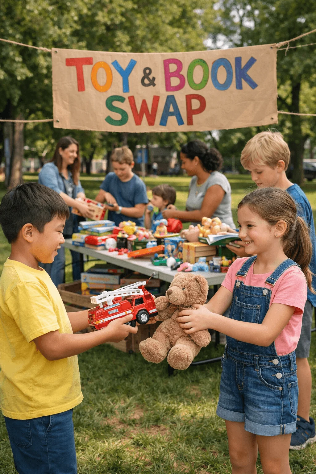 Children participating in an outdoor toy and book swap event at a park. Two kids smile as they exchange a stuffed teddy bear and a red toy fire truck under a banner that reads Toy and Book Swap. Tables behind them display assorted books and toys while parents and other children browse and trade items in the background.