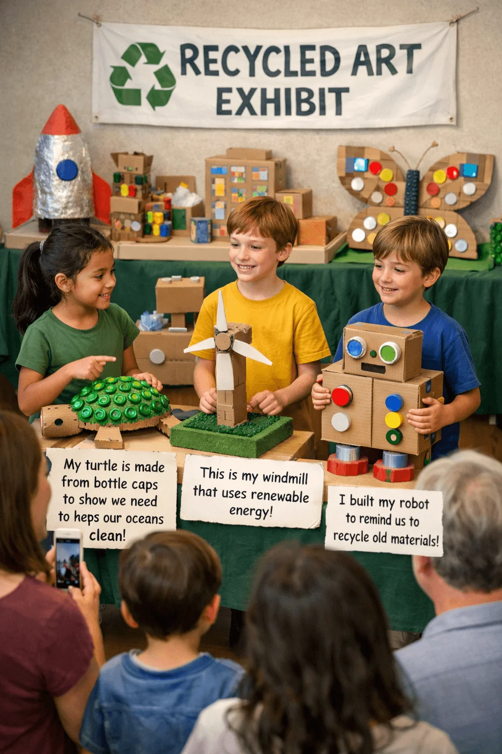 Children presenting projects at a recycled art exhibit indoors. A banner reading Recycled Art Exhibit hangs above a table displaying handmade creations built from cardboard and bottle caps, including a turtle, a windmill, and a robot. Each project has a small sign explaining its environmental message while parents and other children watch and take photos.