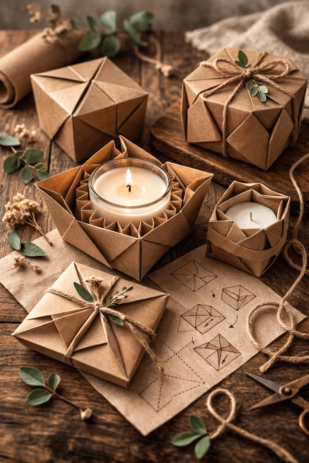 Candles presented in creative origami inspired paper packaging made from kraft paper, featuring intricate folds and eco friendly gift wrapping designs