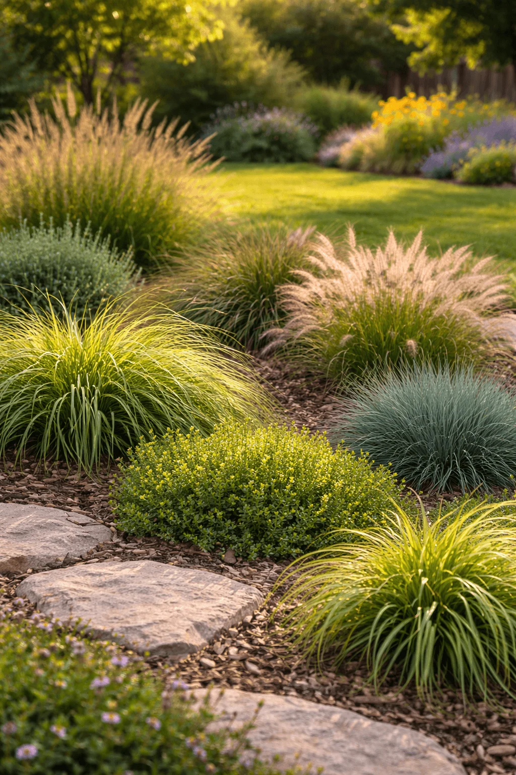 Sunlit landscape featuring ornamental grasses and low shrubs arranged along a natural stone pathway with a lush green lawn and flowering plants in the background