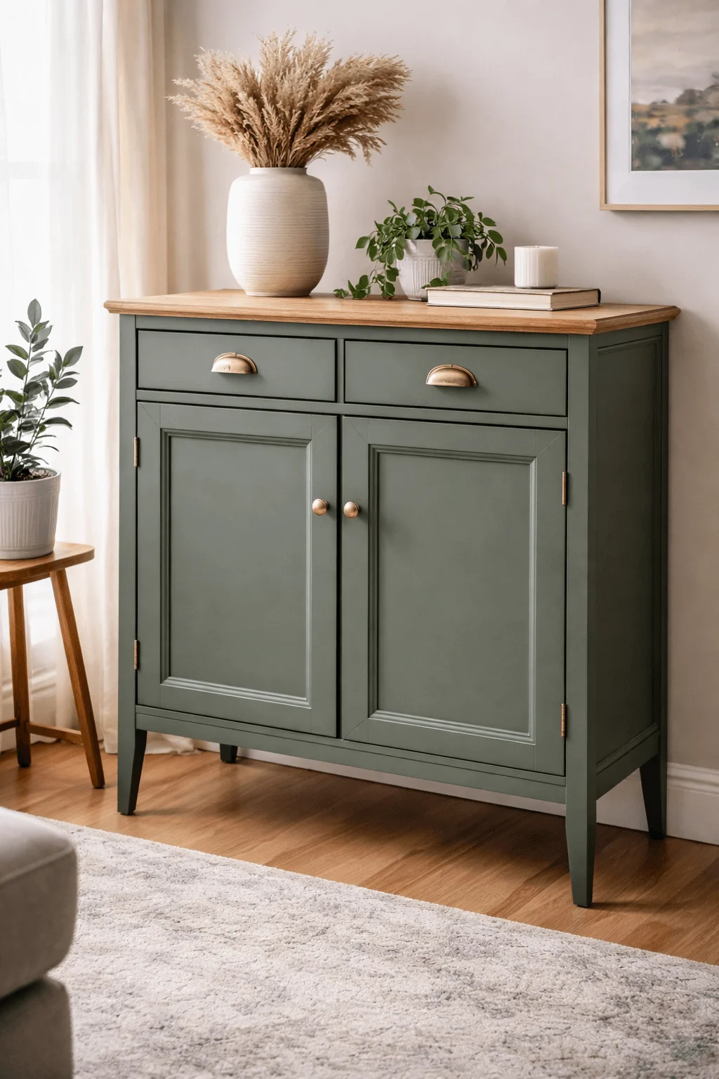 Painted vintage cabinet in muted green with brass handles and a wooden top, styled with plants and decor in a bright living room.