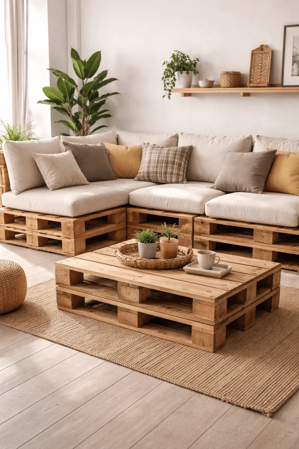 DIY pallet wood modular sofa and coffee table with beige cushions in a cozy, minimalist living room with plants and neutral decor.