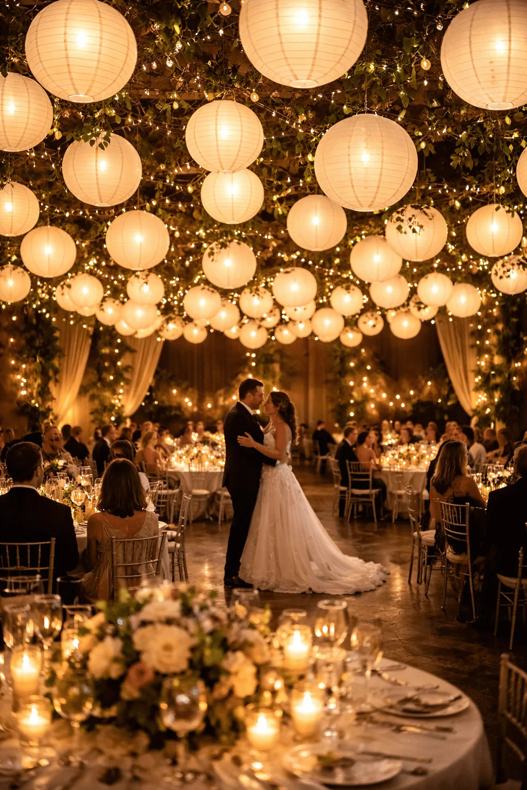 Bride and groom sharing their first dance in a warmly lit reception hall decorated with hanging paper lanterns string lights elegant floral centerpieces and guests seated at candlelit tables