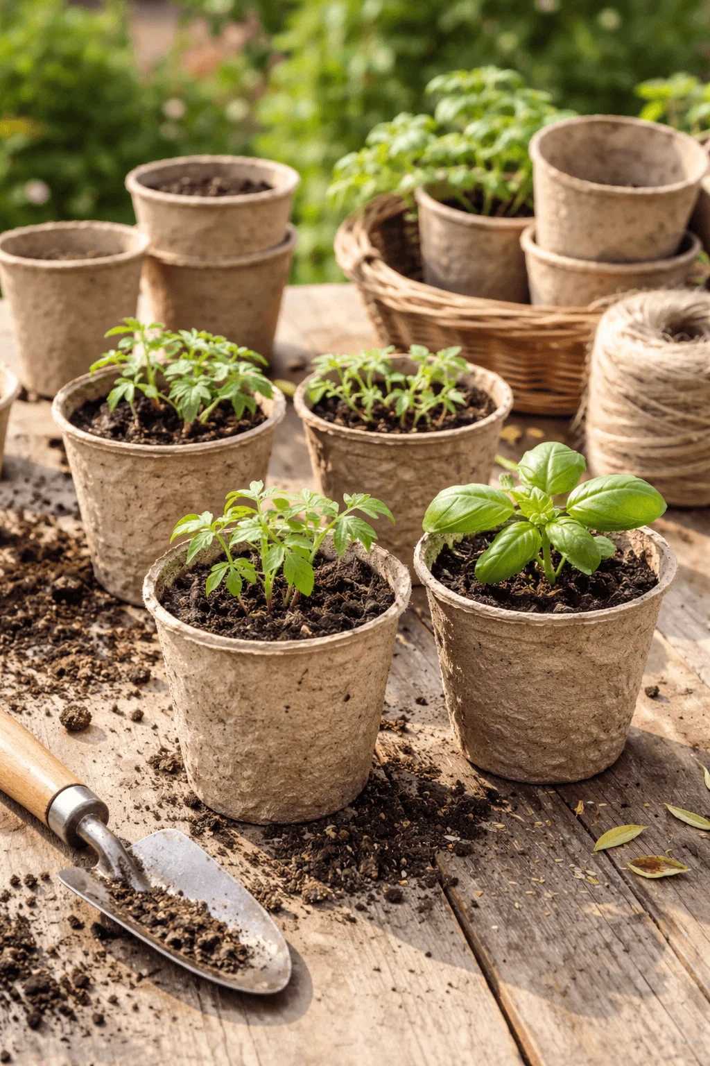 Biodegradable paper pulp plant pots with young seedlings placed on a wooden table with soil gardening tools and natural materials nearby