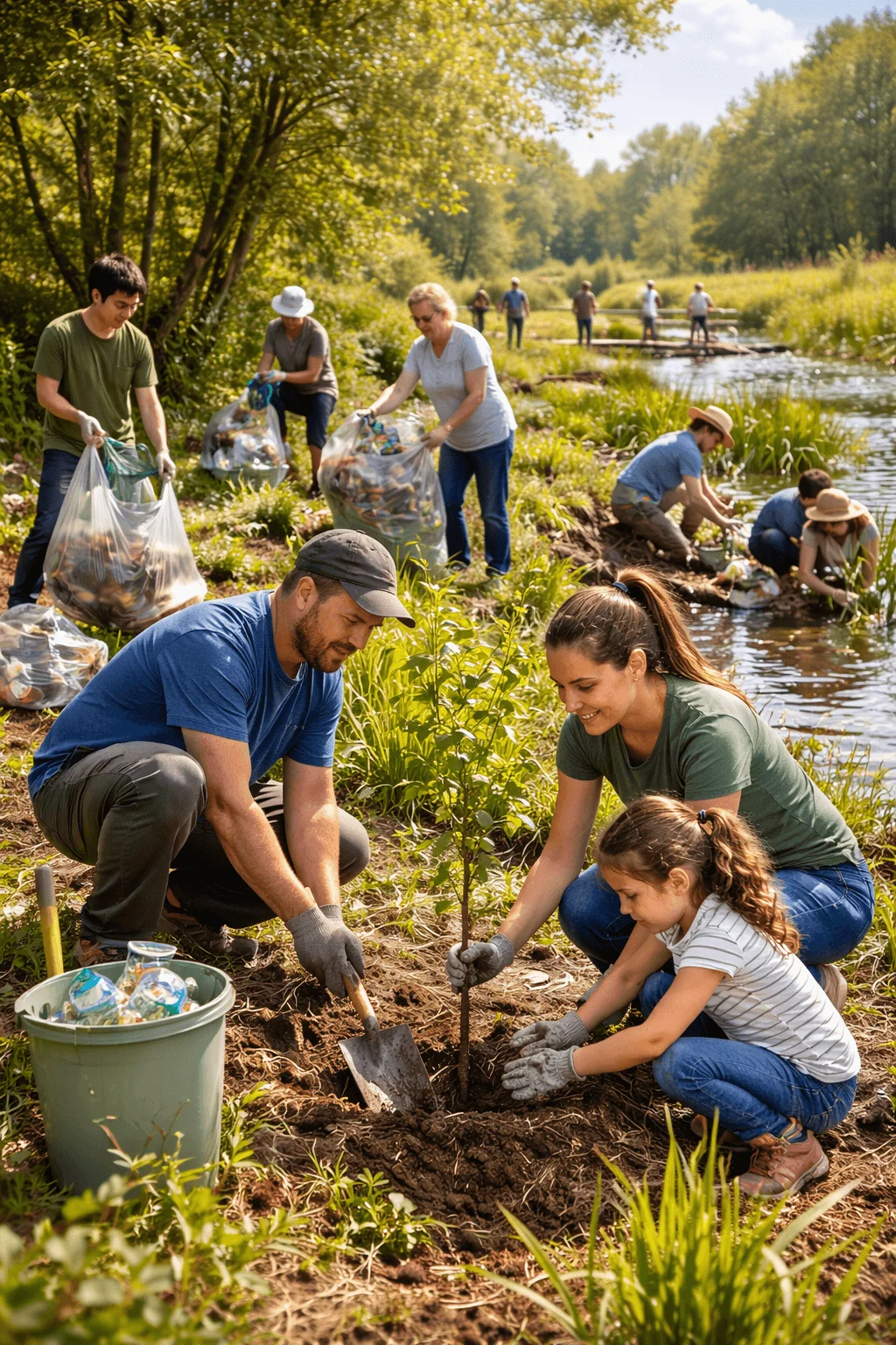 Volunteers planting a tree and cleaning up trash along a riverbank during a community environmental restoration project.