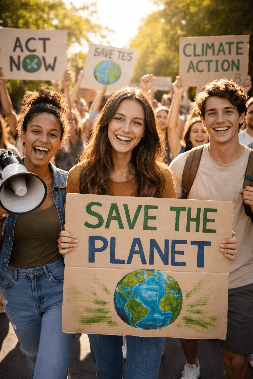 Students participating in an environmental advocacy rally while holding signs such as “Save the Planet,” “Act Now,” and “Climate Action,” promoting climate awareness and action.