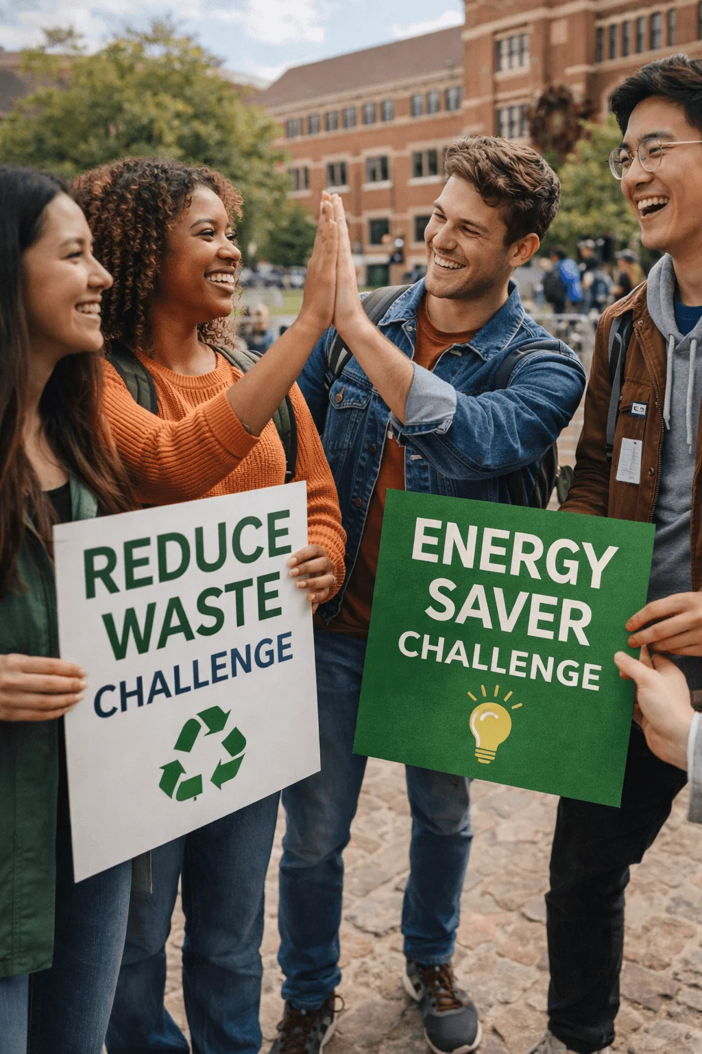 Students on a campus participating in sustainability challenges while holding signs for a “Reduce Waste Challenge” and an “Energy Saver Challenge” and celebrating together.