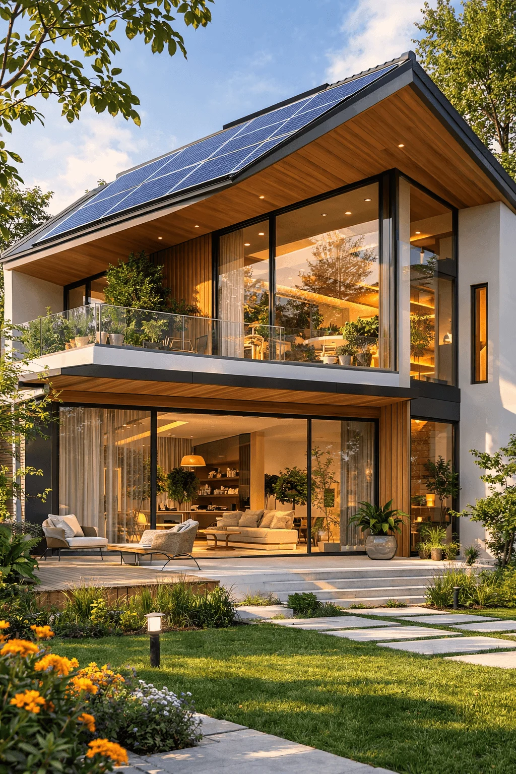 Passive house with solar panels, large energy-efficient windows, and modern sustainable architecture.