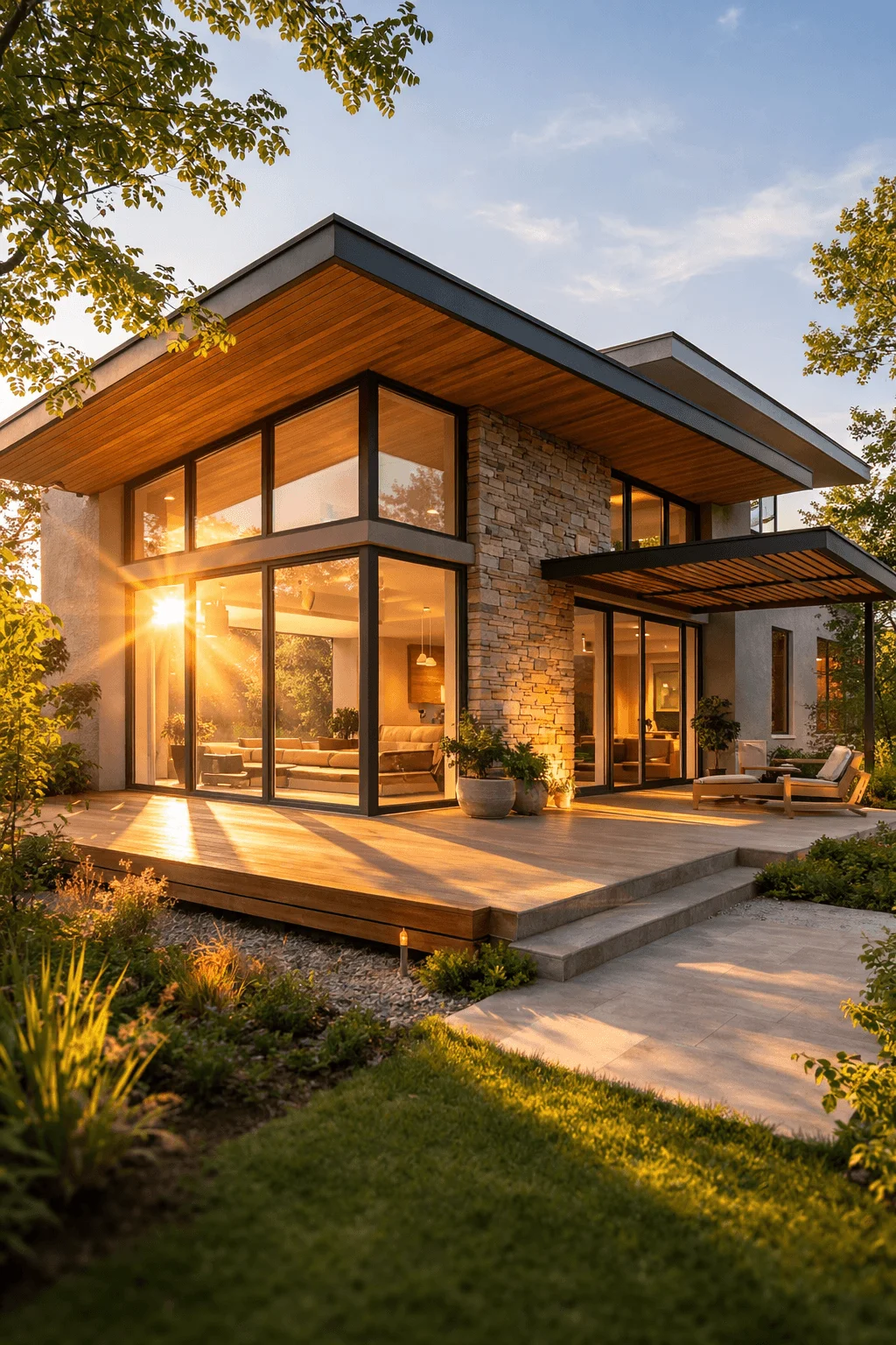 Modern passive solar architecture home with large south-facing windows, natural daylighting, and energy-efficient design that maximizes sunlight for heating and lighting.