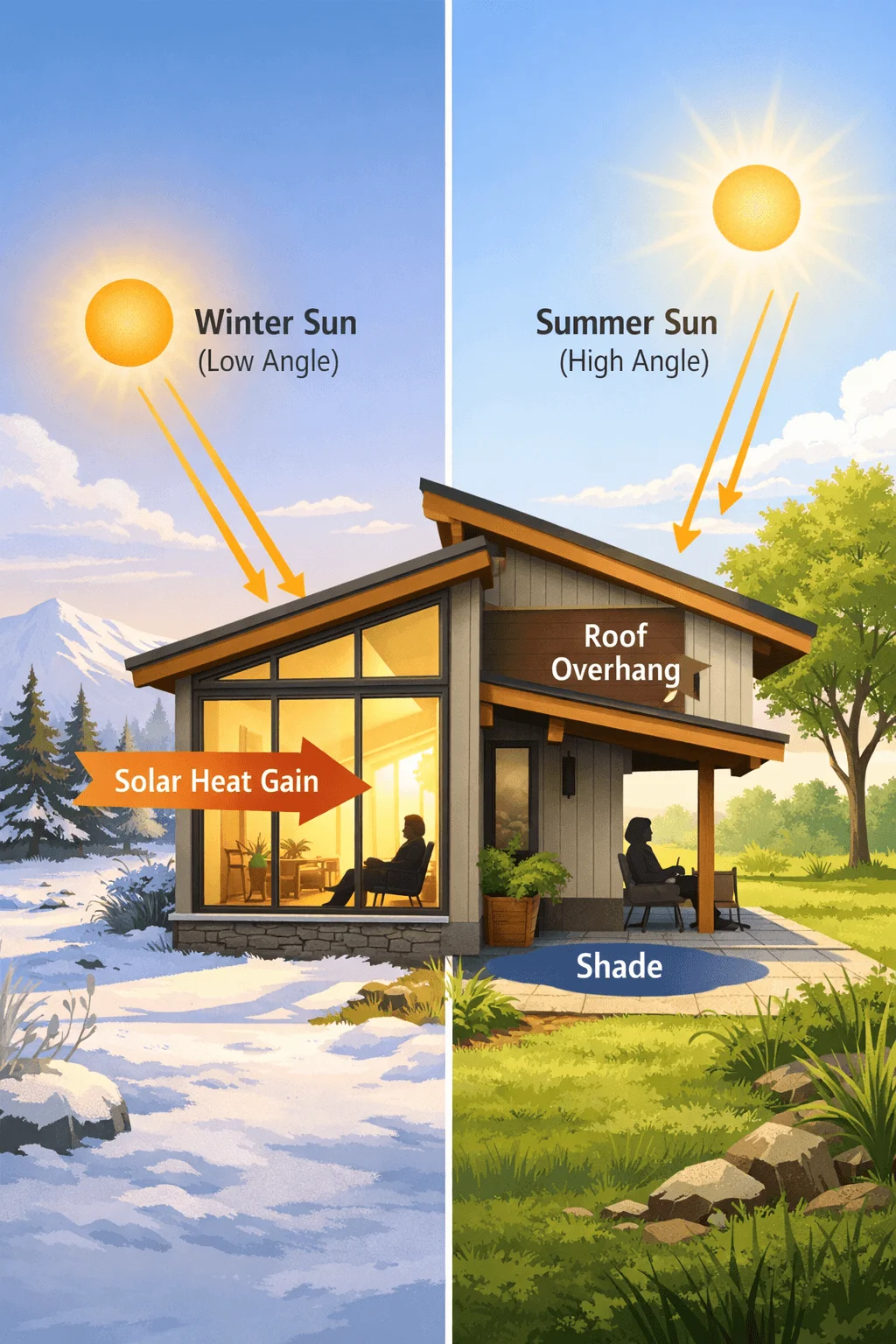 Illustration showing passive solar house orientation where large south-facing windows allow low-angle winter sunlight to enter the home for natural heating (solar heat gain), while roof overhangs block the high-angle summer sun to create shade and keep the interior cooler. This design improves energy efficiency by using natural sunlight for seasonal temperature control.