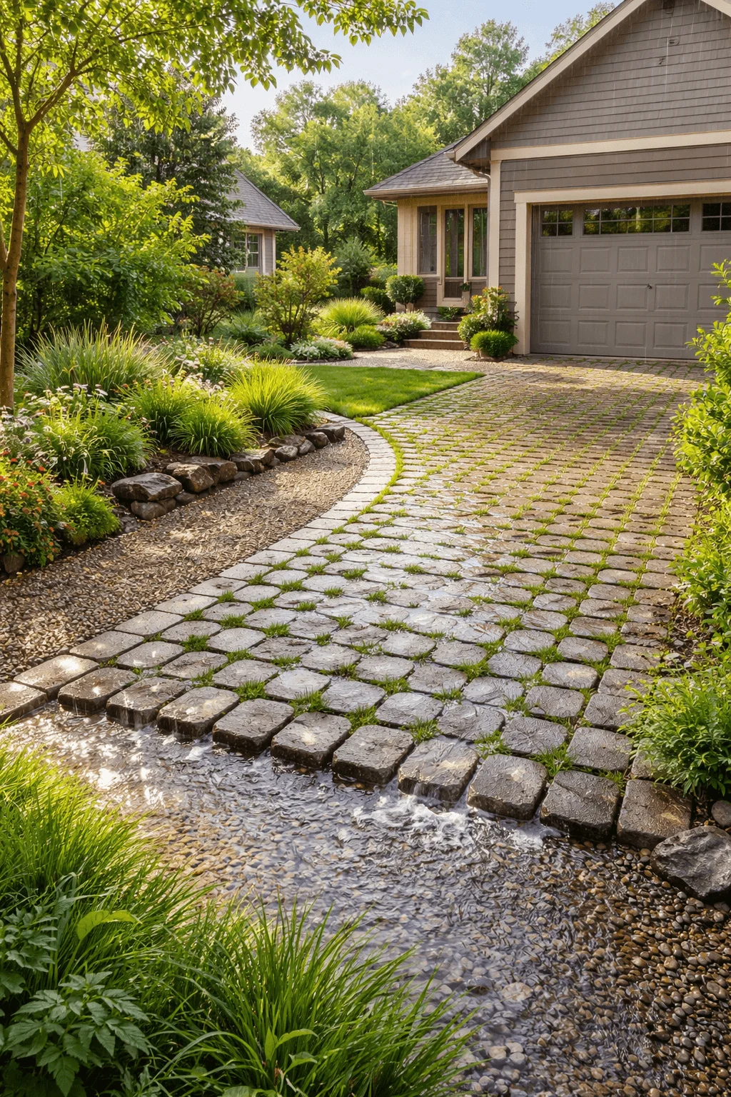 Eco-friendly home exterior featuring a permeable driveway and walkway made of spaced stone pavers that allow rainwater to filter naturally into the ground. The design helps reduce runoff and improve groundwater absorption. Surrounding native plants, natural stone borders, and a small drainage channel integrate sustainable landscaping with the home's exterior while maintaining an attractive and environmentally responsible design.