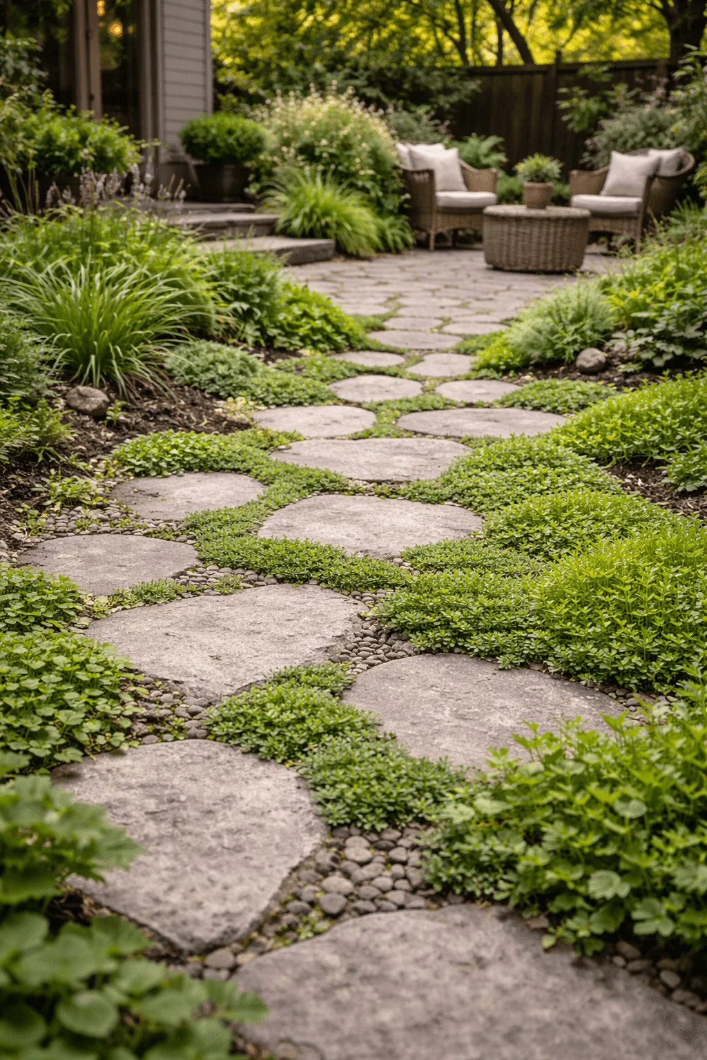 Stone garden pathway with large round stepping stones set in permeable gravel and dense green groundcover leading to a cozy backyard patio with wicker chairs and lush landscaping