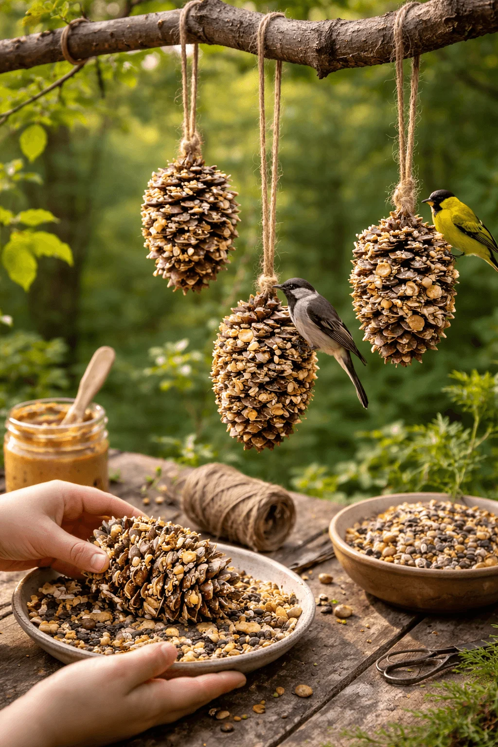 Homemade pinecone bird feeders coated with peanut butter and bird seeds hanging from a tree branch while small birds feed surrounded by bowls of seeds twine and natural outdoor craft materials on a rustic wooden table.