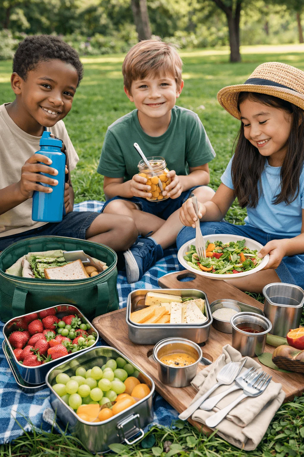 Three children sitting on a picnic blanket in a park enjoying a sustainable picnic with reusable supplies. They smile while eating fresh salad and snacks stored in metal containers, with strawberries, grapes, sandwiches, and cheese arranged on a wooden board. Reusable water bottles, metal cups, and cloth napkins are neatly placed nearby, highlighting an eco friendly outdoor meal.