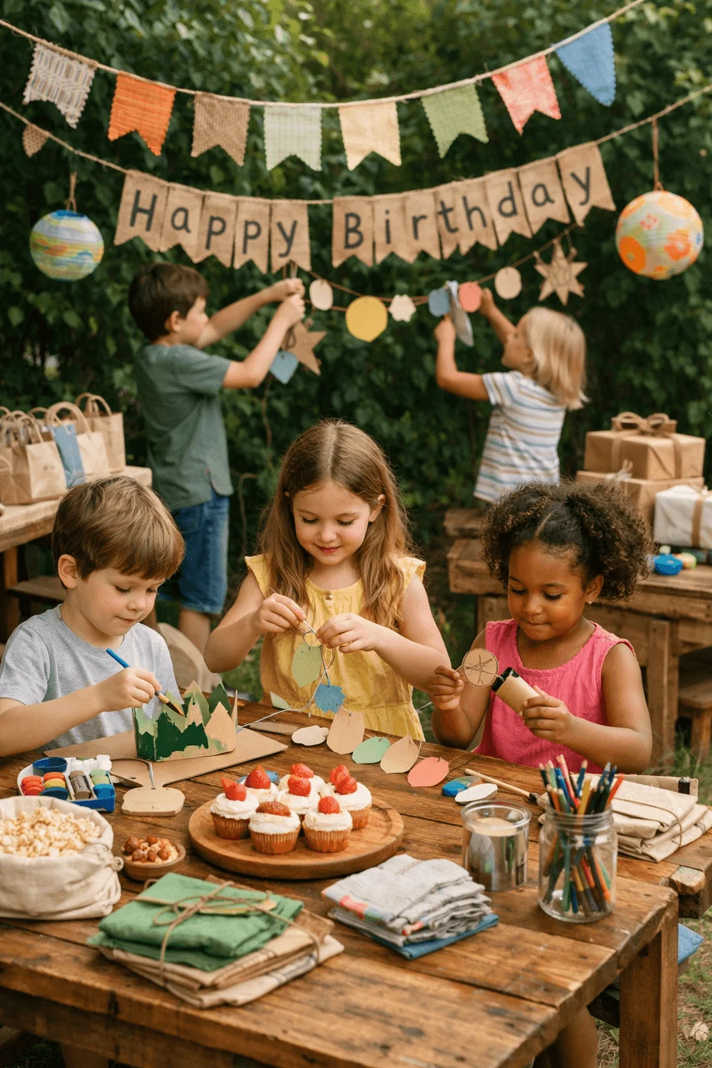 Children celebrating a zero waste birthday party outdoors in a garden. A handmade Happy Birthday banner hangs above a wooden table where three kids create crafts using recycled paper and natural materials. Reusable fabric napkins, paper gift bags, colored pencils, and strawberry topped cupcakes are arranged neatly on the table while two children decorate garlands in the background.