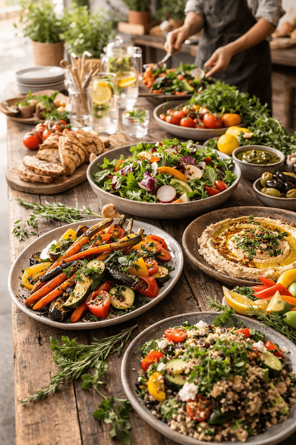 Rustic table spread with plant forward dishes including roasted vegetables fresh salads hummus olives artisan bread and infused water with a person serving food in a cozy kitchen setting