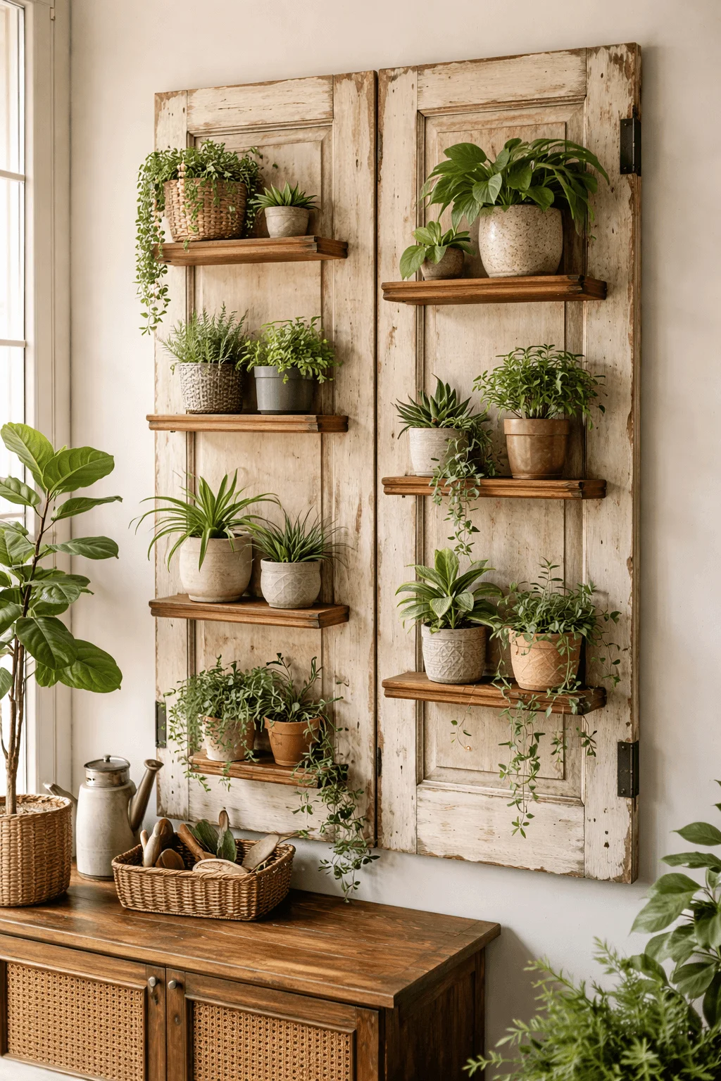 Rustic wall shelves made from old cabinet doors displaying multiple potted houseplants above a wooden sideboard in a bright cozy room near a window
