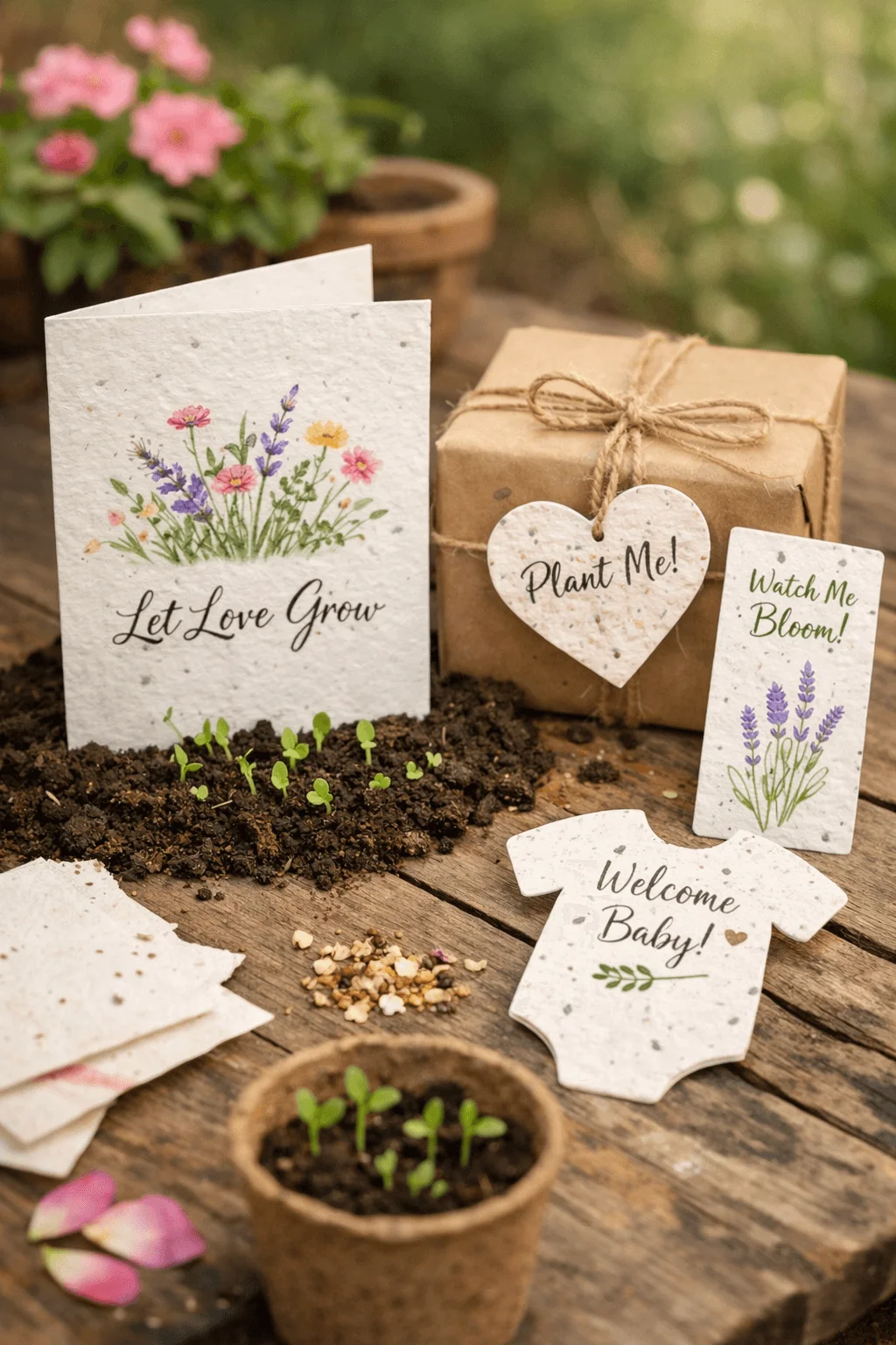 Plantable greeting cards and seed embedded gifts with wildflower illustrations seedlings growing in soil small pot seeds and wrapped eco friendly package on a wooden table outdoors