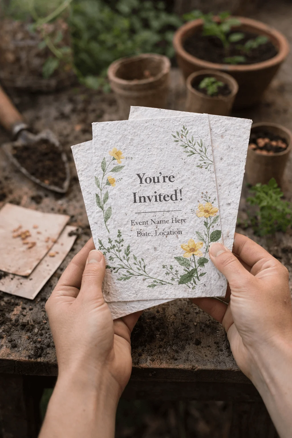 Hands holding plantable seed paper invitations with floral illustrations reading You’re Invited displayed over a potting table with soil gardening tools and small potted seedlings in the background