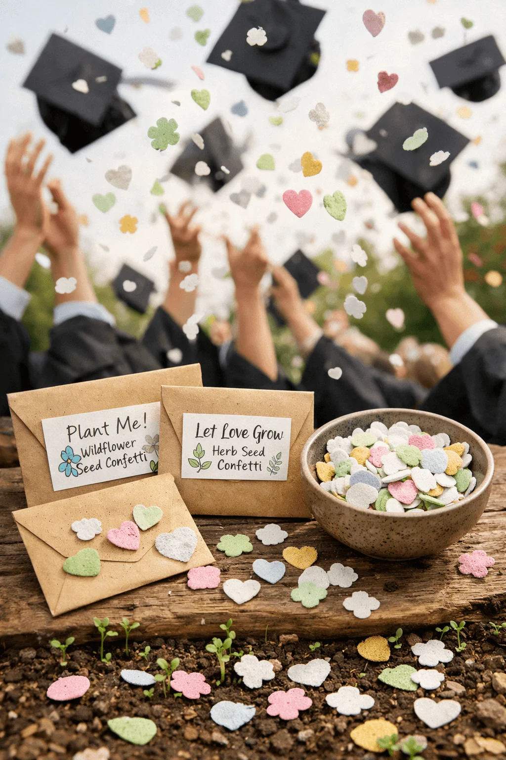 Graduates tossing caps in the air with colorful heart and flower shaped seed paper confetti falling around them and small envelopes labeled Plant Me Wildflower Seed Confetti and Let Love Grow Herb Seed Confetti beside a bowl of confetti on a wooden table outdoors