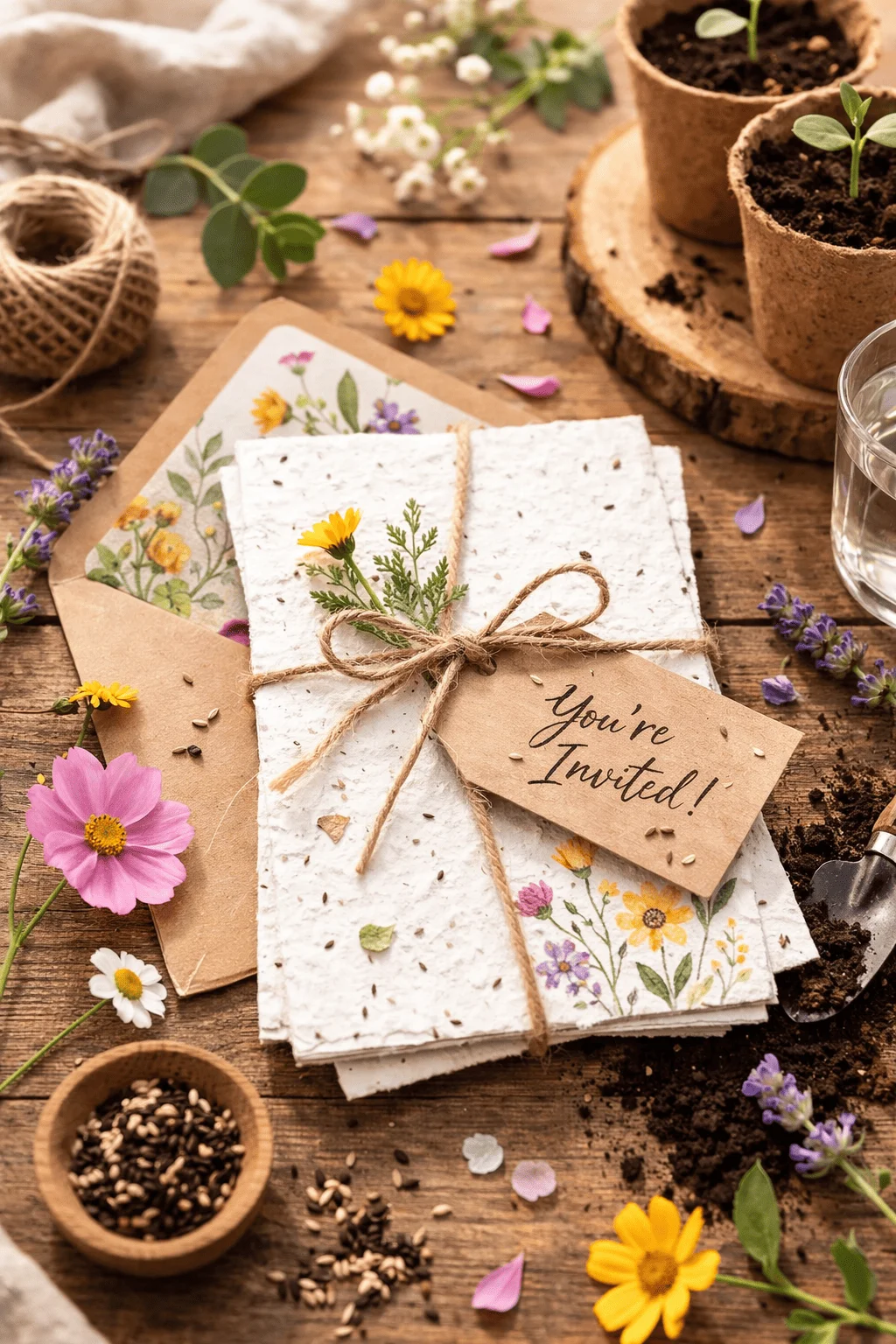 Plantable seed paper birthday invitations tied with twine and labeled You are Invited displayed on a rustic wooden table with scattered flower seeds fresh blooms soil gardening tools and small biodegradable pots with seedlings