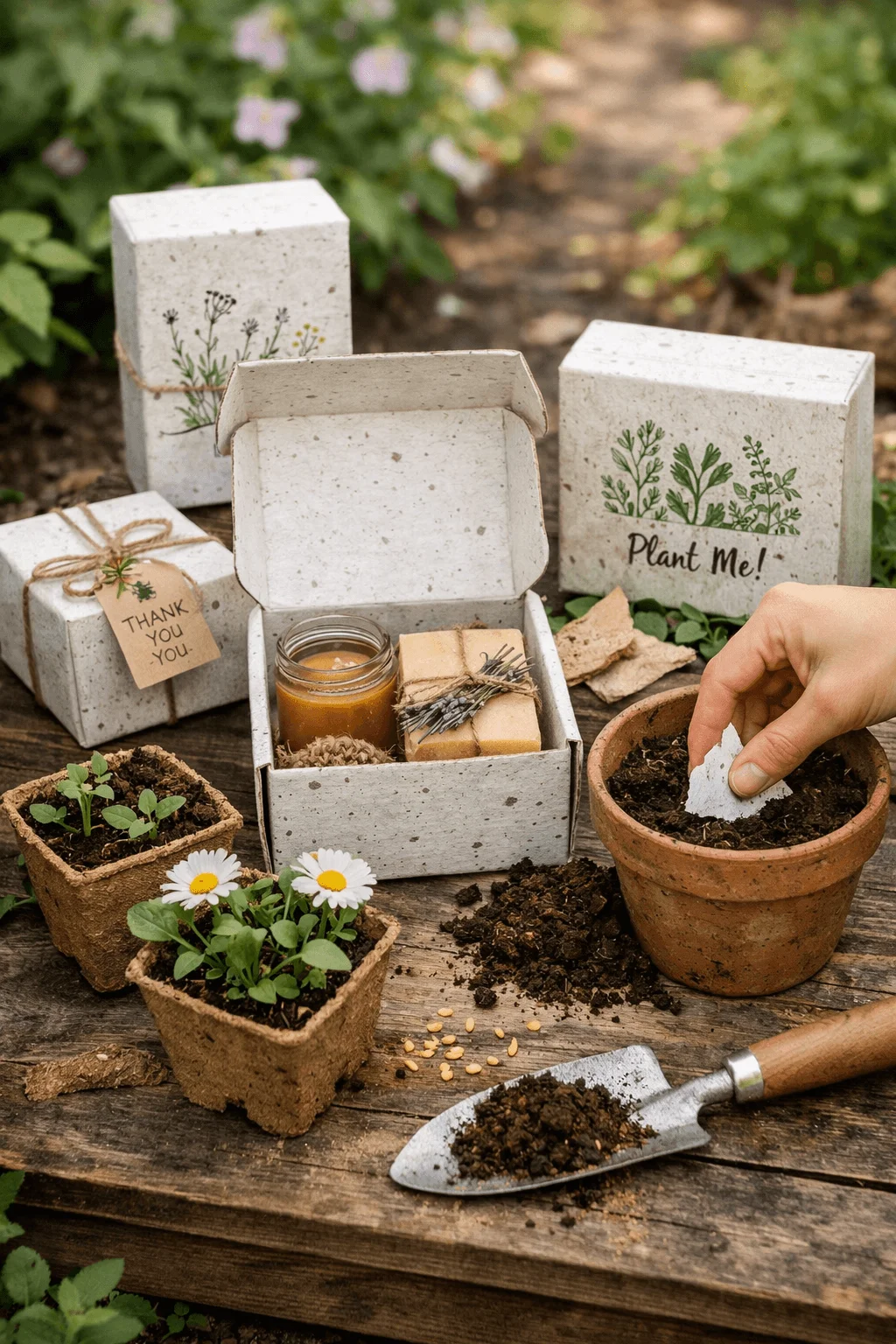 Plantable seed paper packaging boxes that can be embedded in soil to grow plants, shown with gardening tools, seedlings, and eco friendly gift items