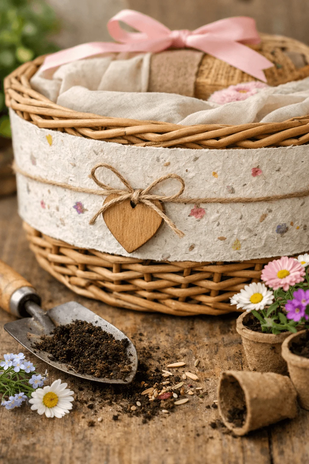 Wicker gift basket wrapped with plantable seed paper tied with twine and wooden heart tag surrounded by small flower pots soil seeds and gardening trowel on rustic wooden table