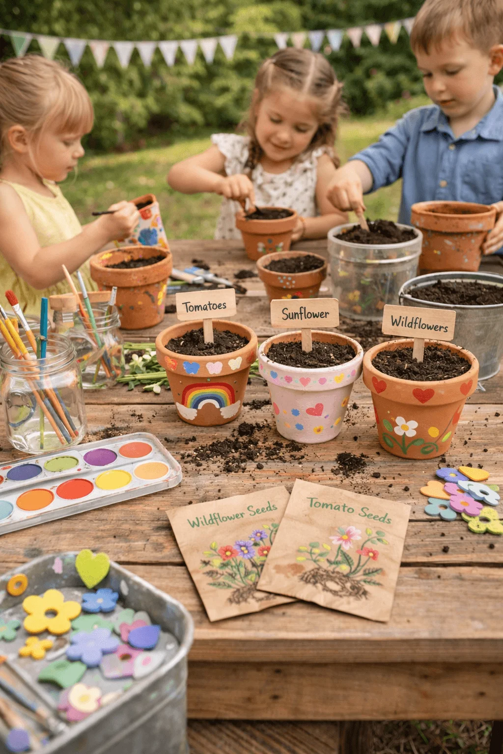 Three young children sitting at an outdoor wooden table planting seeds in decorated terracotta pots labeled tomatoes sunflower and wildflowers with soil paintbrushes watercolor palette seed packets and colorful craft shapes spread around in a garden setting